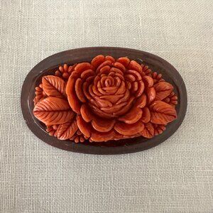 Vintage Carved Resin and Wood Rose Floral Brooch Pin